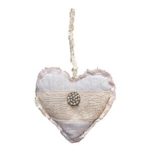 Vintage Linen Hanging Heart with Lace Rhinestones 6”